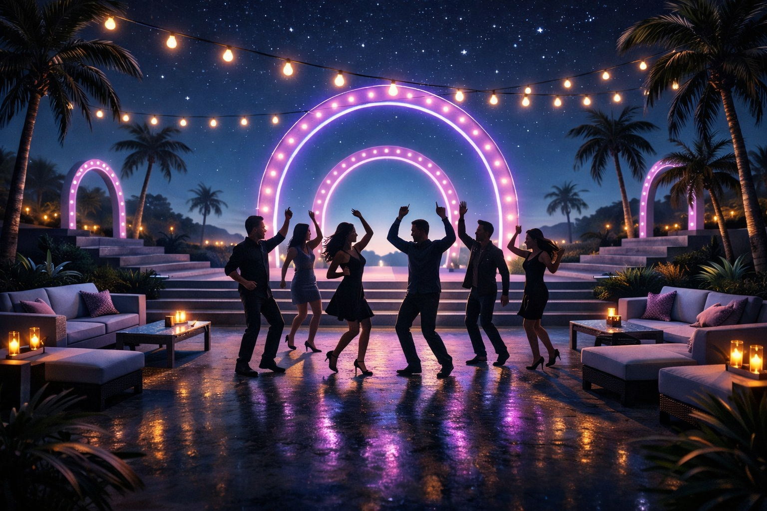 Outdoor nightlife venue with purple and pink neon lighting, palm trees, and dancing people